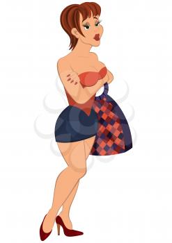 Illustration of cartoon female character isolated on white. Cartoon girl in mini skirt with bag.




