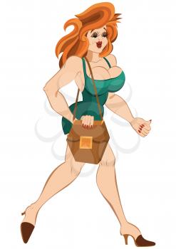 Illustration of cartoon female character isolated on white. Cartoon girl in short  dress and red hair walking with purse.




