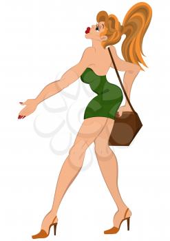 Illustration of cartoon female character isolated on white. Cartoon girl in short  dress walking with purse.




