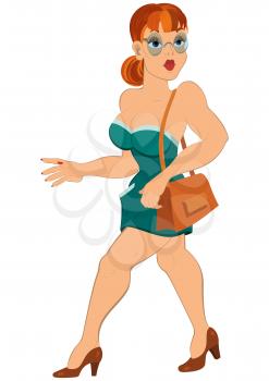 Illustration of cartoon female character isolated on white. Cartoon girl in short green dress and glasses with bag.




