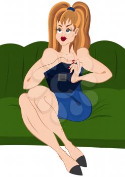 Illustration of cartoon female character isolated on white. Cartoon girl in short  skirt sitting on green couch.




