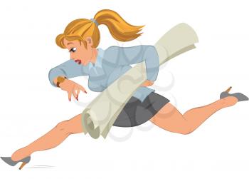 Illustration of cartoon female character isolated on white. Cartoon girl running with paper in her hand.




