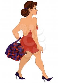 Illustration of cartoon female character isolated on white. Cartoon girl with plaid bag walking.




