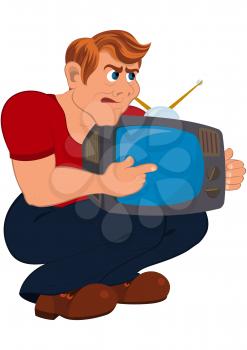 Illustration of cartoon people isolated on white. Cartoon man holding old TV.




