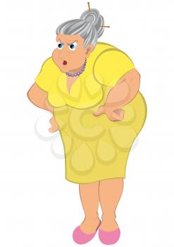 Illustration of cartoon female character isolated on white. Cartoon old woman in yellow dress.




