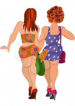 Illustration of cartoon people isolated on white. Cartoon two girls walking back view.




