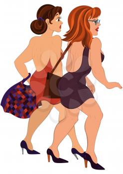 Illustration of cartoon people isolated on white. Cartoon two girls walking with bags back view.





