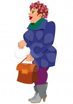 Illustration of cartoon female character isolated on white. Cartoon woman in blue coat gray boots holding bag.





