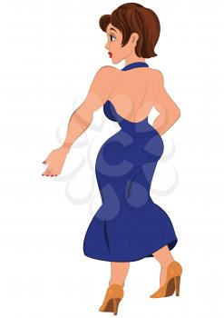 Illustration of cartoon female character isolated on white. Cartoon  woman in open back blue dress back view.




