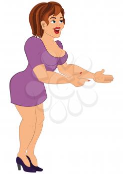 Illustration of cartoon female character isolated on white. Cartoon woman in short purple dress smiling and holding hands in front.





