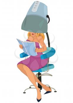 Illustration of cartoon female character isolated on white. Cartoon woman sitting under blow dryer.




