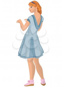 Illustration of retro young woman isolated on white. Retro girl in blue dress.





