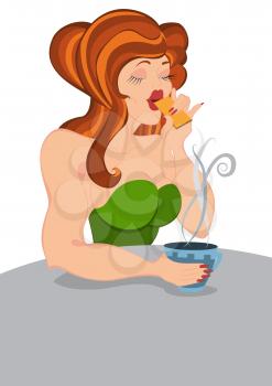 Illustration of cartoon female character isolated on white. Retro hipster girl eats cookie.




