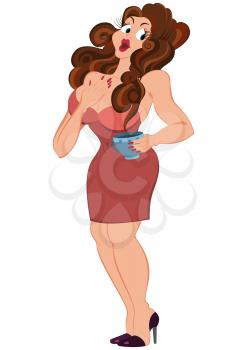 Illustration of cartoon female character isolated on white. Retro hipster girl holding cup of coffee.






