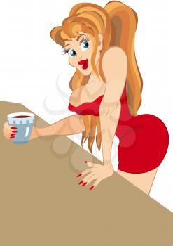Illustration of cartoon female character isolated on white. Retro hipster girl in red dress holding cup of coffee.






