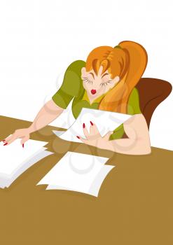 Illustration of cartoon female character isolated on white. Retro hipster girl working with papers.





