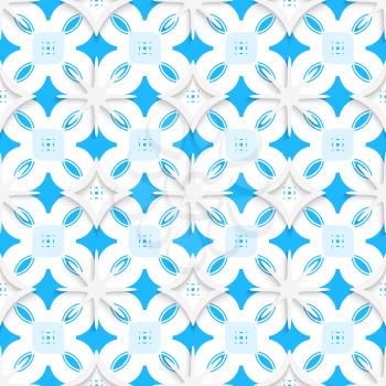 Abstract 3d seamless background. Blue ornament and white snowflakes with cut out of paper effect.

