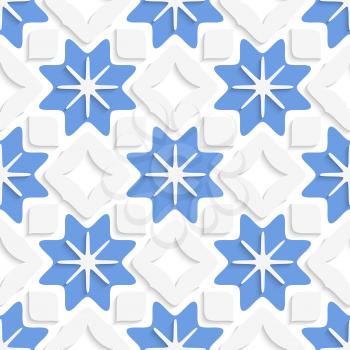 Abstract 3d seamless background. Blue snowflakes and white squares with out of paper effect.

