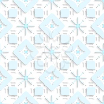 Abstract 3d geometrical seamless background. Blue snowflake ornament layered on white rectangles perforated out of paper with blue rectangles on top.


