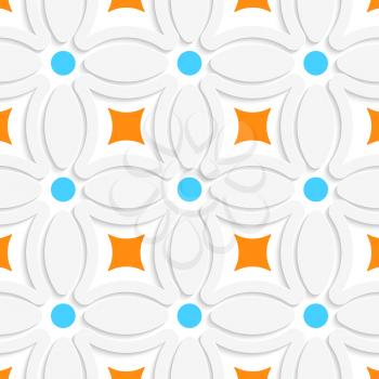 Abstract 3d seamless background. Geometric pattern with orange squares and blue dots  with cut out of paper effect.

