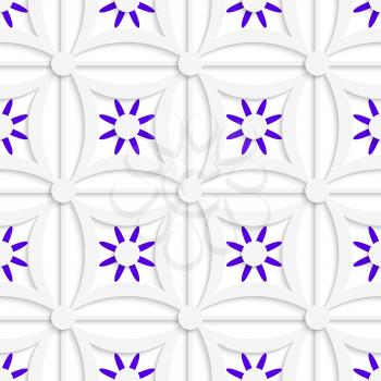 Abstract 3d seamless background. Geometric white pattern with layered purple flowers and cut out of paper effect.

