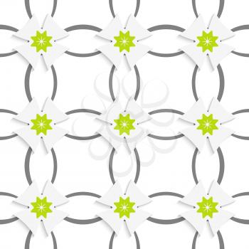 Abstract 3d seamless background. Gray ornament net green flowers and white crosses with cut out of paper effect.

