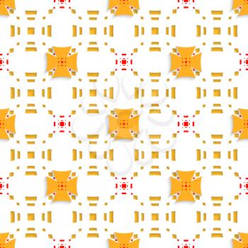 Abstract 3d geometrical seamless background. Orange crosses layered on white rectangles perforated out of paper with red rectangles on top.

