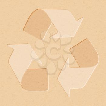 Recycling symbol embossed on brown recycling paper. Old brown recycling material texture with recycling arrows.

