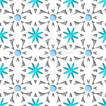 Abstract 3d seamless background. Simple geometrical pattern white repainting flowers with cut out of paper effect and blue color underneath.


