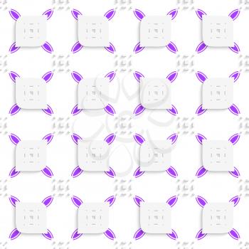 Abstract 3d seamless background. White and purple geometrical ornament small rectangle gropes and perforated leaves with cut out of paper effect.



