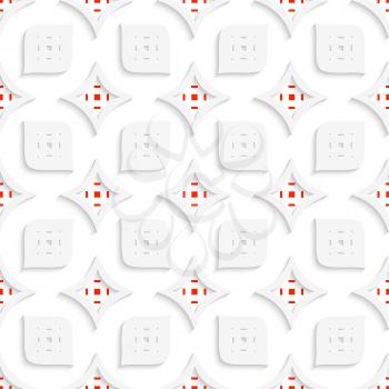 Abstract 3d seamless background. White and red geometrical perforated leaves and rhombuses with cut out of paper effect.


