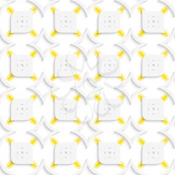 Abstract 3d seamless background. White and yellow geometrical perforated leaves and rhombuses with cut out of paper effect.


