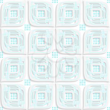 Abstract 3d seamless background. White big leaves perforated and blue rectangles with cut out of paper effect.


