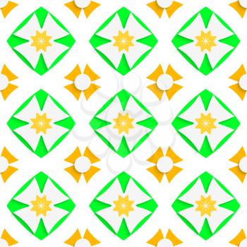 Abstract 3d seamless background. White crosses and green and orange layering with cut out of paper effect.

