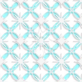 Abstract 3d seamless background. White detailed ornament layered on cyan circles with out of paper effect.

