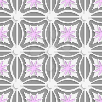 Abstract 3d seamless background. White dots and pink flowers cut out o paper with shadow on gray background.

