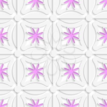 Abstract 3d seamless background. White net and pink flowers cut out o paper with shadow on white background.


