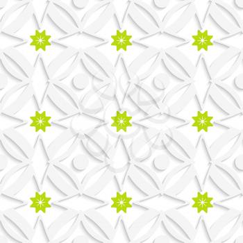 Abstract 3d seamless background. White ornament and green flowers with cut out of paper effect.

