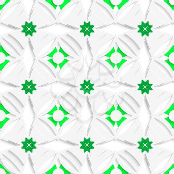 Abstract 3d seamless background. White ornament and green layering with cut out of paper effect.

