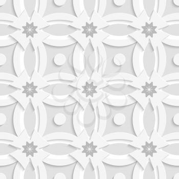 Abstract 3d seamless background. White ornament net gray flowers and white crosses with cut out of paper effect.

