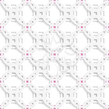 Abstract 3d geometrical seamless background. White perforated ornament layered with pink on white rectangles with cut out of paper effect.


