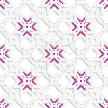 Abstract 3d geometrical seamless background. White perforated ornament layered with stars and cut out of paper effect.

