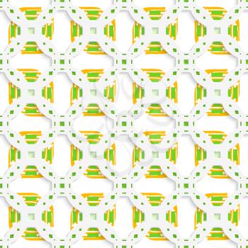 Abstract 3d geometrical seamless background. White perforated ornament with green orange and cut out of paper effect.


