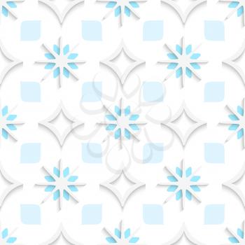 Abstract 3d seamless background. White pointy rhombuses with blue and white snowflakes and cut out of paper effect.

