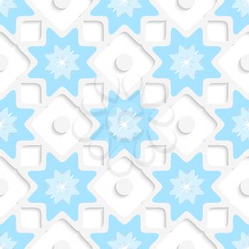 Abstract 3d seamless background. White snowflakes and dots with blue top and out of paper effect.

