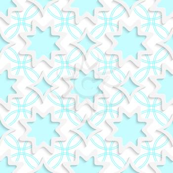 Abstract 3d seamless background. White snowflakes and white rhombuses on flat blue ornament with out of paper effect.

