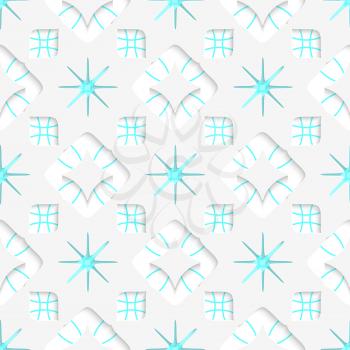 Abstract 3d seamless background. White snowflakes on blue flat ornament and out of paper effect.

