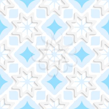Abstract 3d seamless background. White snowflakes on flat blue ornament with out of paper effect.


