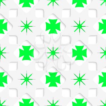 Abstract 3d seamless background. White stars with green inner parts and cut out of paper effect.


