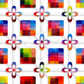 Abstract 3d geometrical seamless background. Colorful squares and colorful flowers on net with cut out of paper effect.


